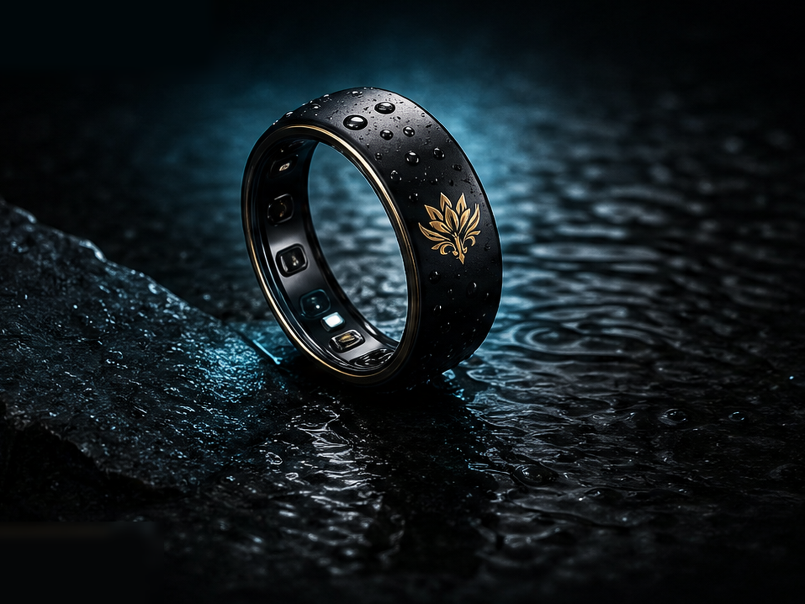 Matte-black Hydrolily Approved smart ring with a gold lotus emblem, resting on wet dark rock under cinematic light