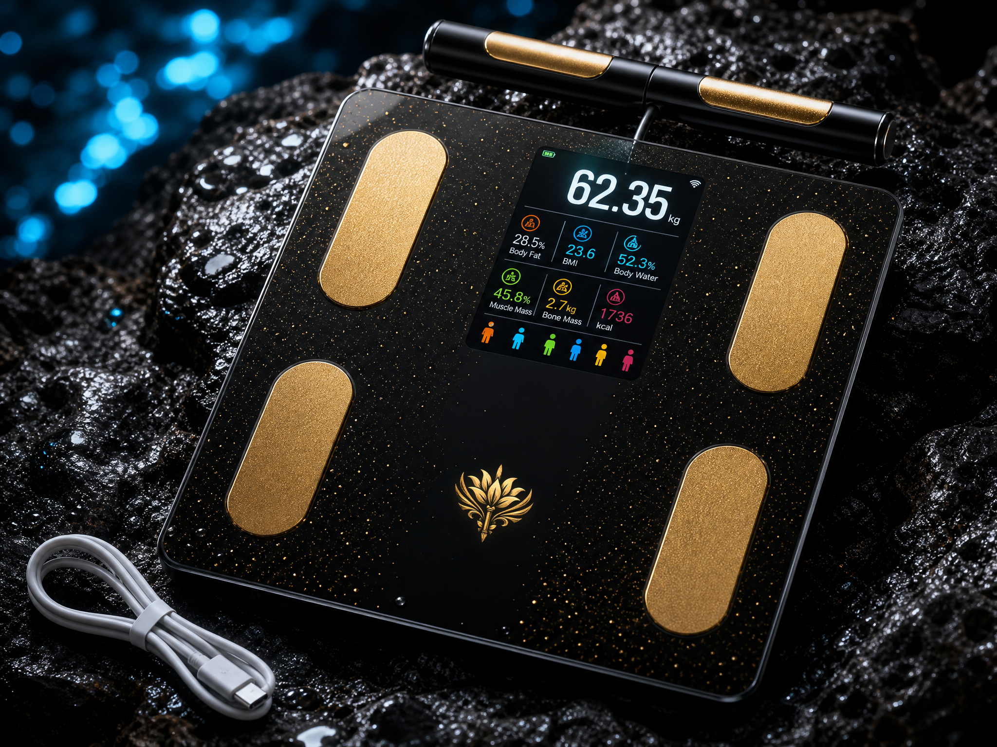 Matte-black Hydrolily Approved smart scale with an illuminated display and gold lotus emblem, glowing on wet dark slate