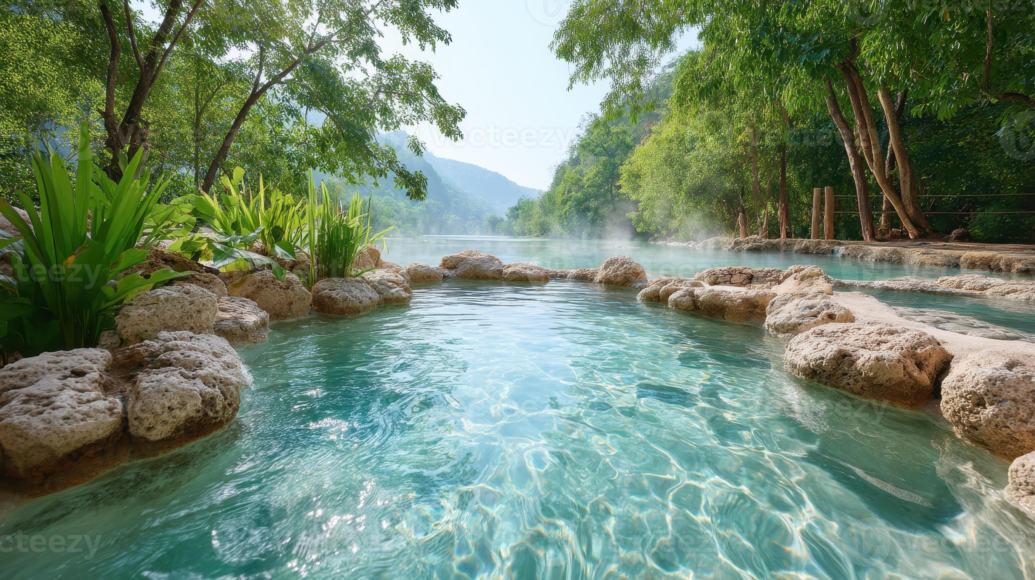 Serene thermal spa waters with lush greenery and natural stone formations