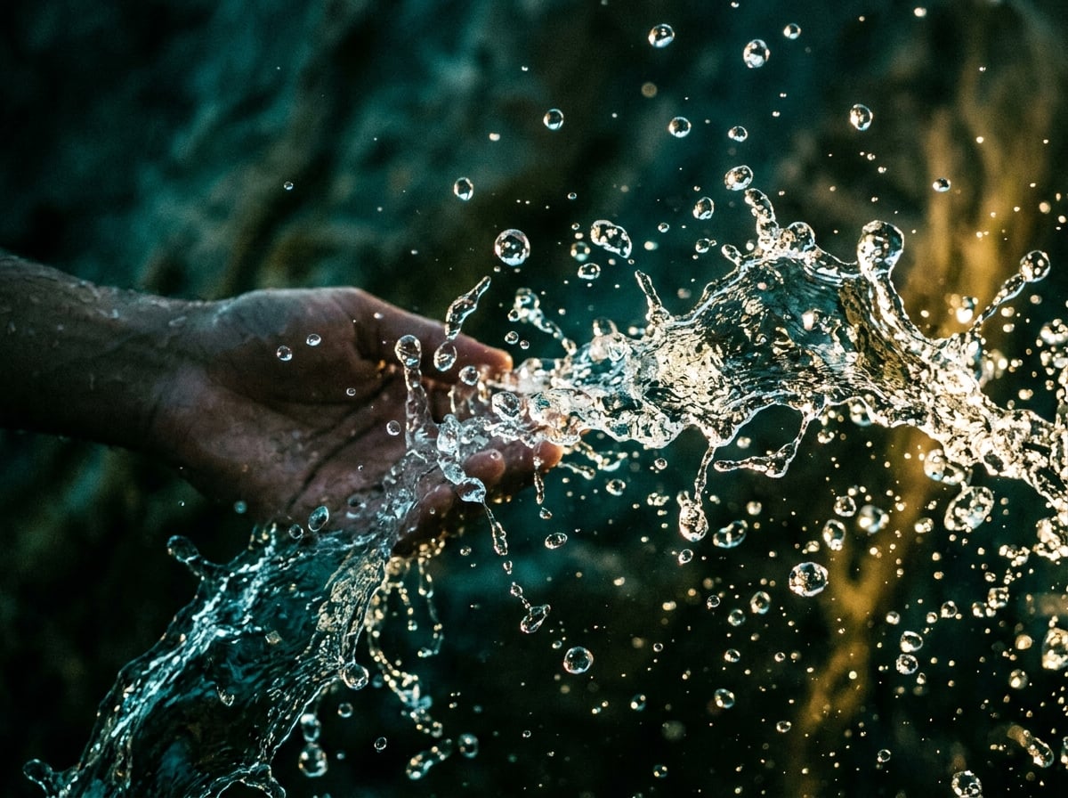 Cinematic close-up of water in motion, droplets frozen mid-air in dramatic side light
