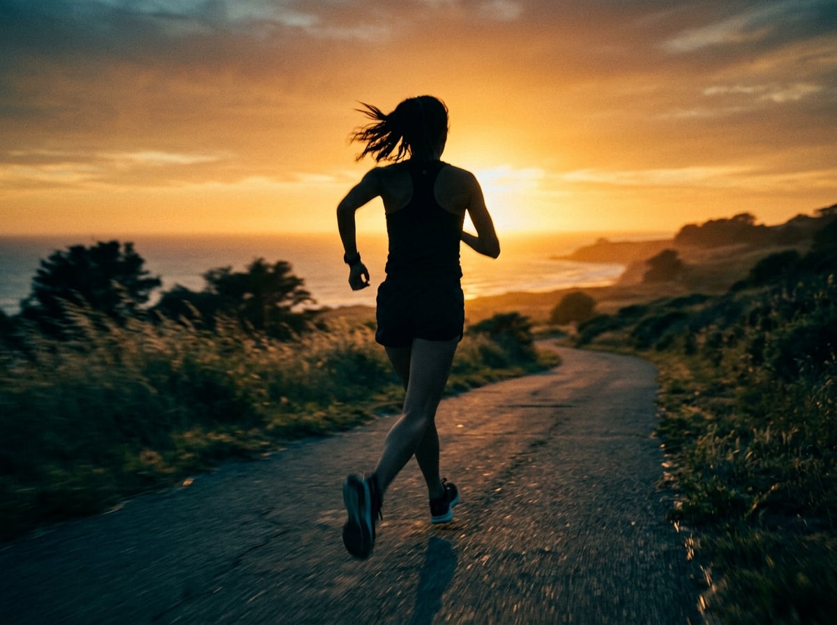 Runner captured in motion blur, silhouetted against golden-hour light — momentum and commitment