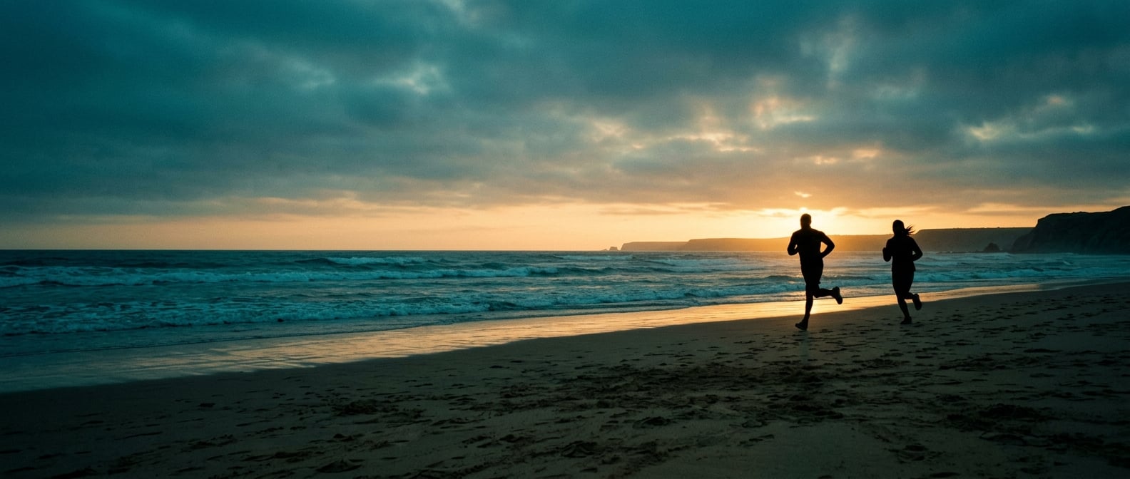 Two figures in silhouette training together at dawn on a dramatic landscape — cinematic, editorial